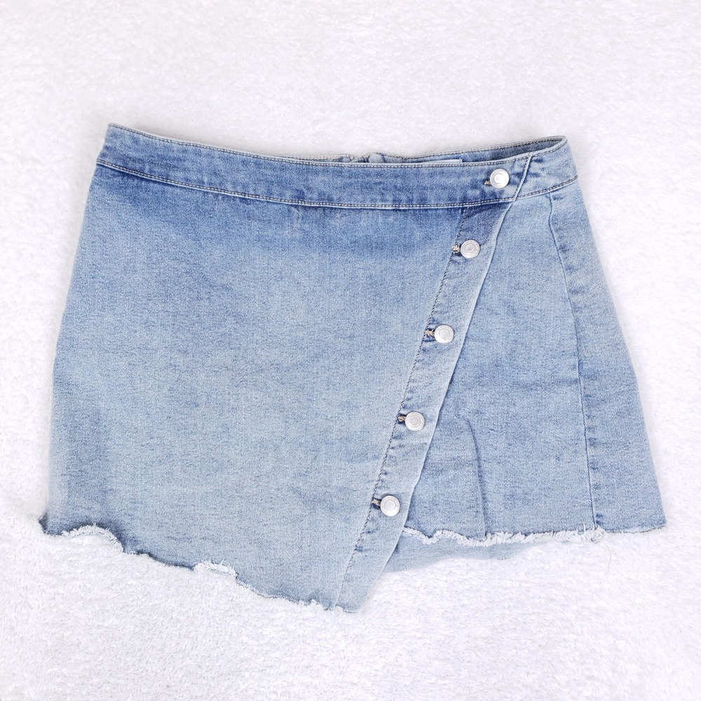 SO Denim Asymmetrical Button Front Skort Women 15/32W Blue Raw Hem Mini Y2K